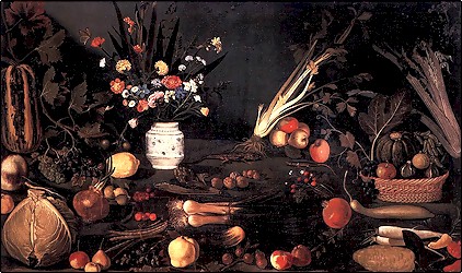 Спокойная жизнь с цветами и фруктами. Худ.Караваджо. 1590
